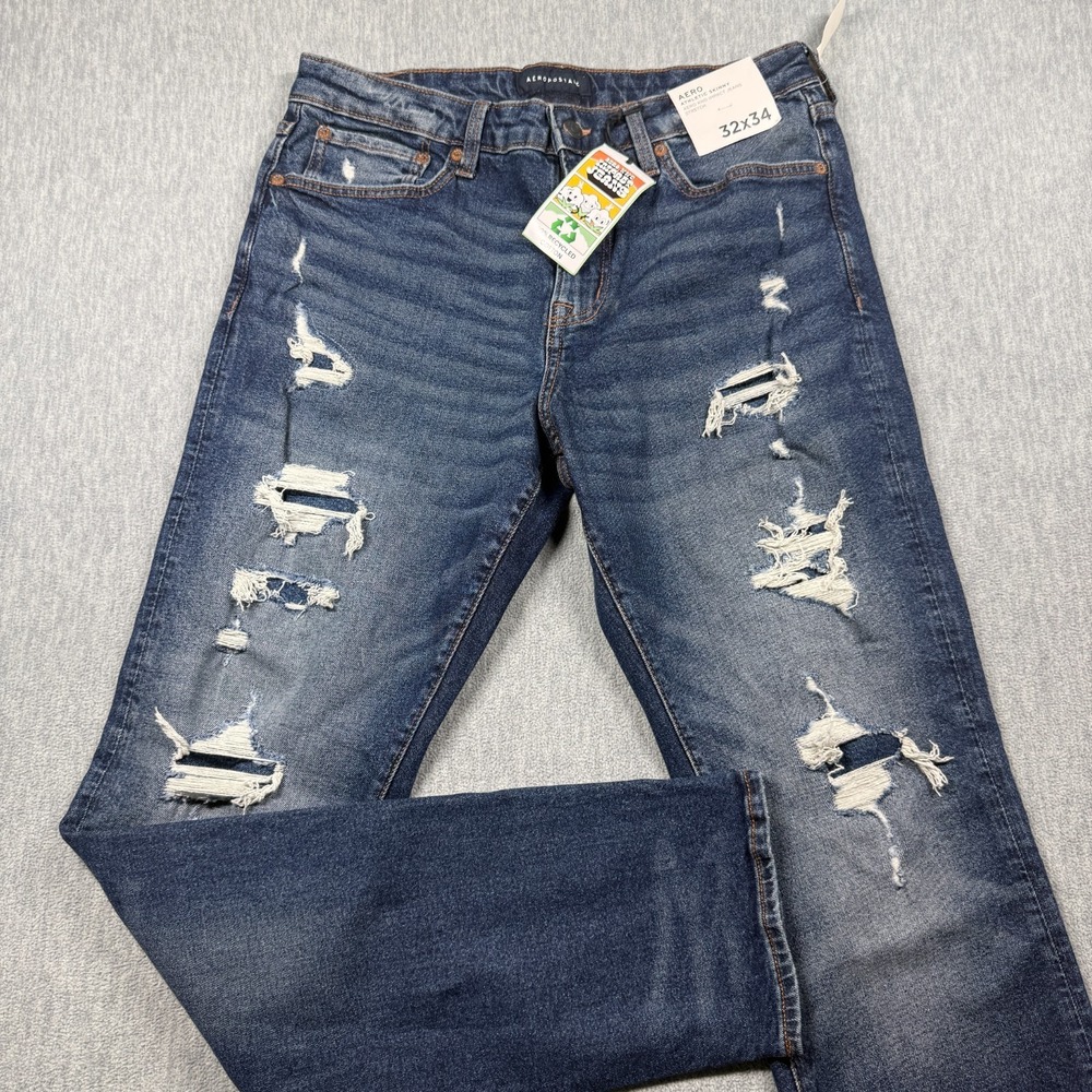 Aeropostale Jeans Mens 32x34 Blue Athletic Skinny Distressed Aero KND Impact NWT